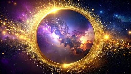 Obraz premium Golden ring framing a vibrant nebula in space