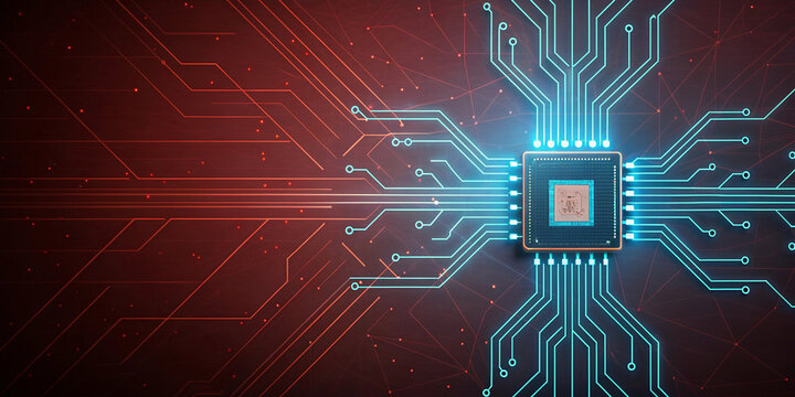 Advanced microprocessor glowing on a complex circuit board, a central concept symbolizing intricate digital operations, high-speed data processing, and future technology development