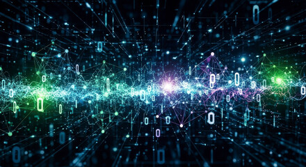 Abstract Digital Network Data Flow with Binary Code Particles and Light Trails