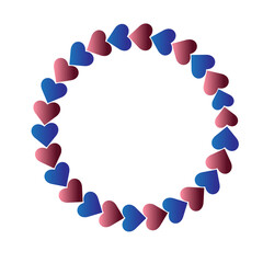 A circular wreath of alternating blue and gradient pink hearts on a dark background.