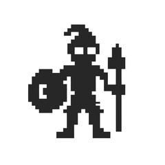 Obraz premium Silhouette shows a pixelated goblin character holding spear and shield with white background