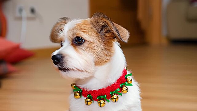 A small Jack Russell Terrier wearing a Christmas collar with bells.