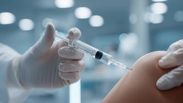 Medical professional administering hyaluronic acid injection into knee joint. Orthopedic treatment for arthritis pain relief and joint mobility improvement in sterile clinical environment.