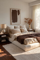 Cozy modern bedroom featuring soft neutral tones with layered bedding and natural decor elements in a sunlit space
