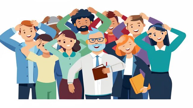 Group of diverse professionals smiling together in a colorful office setting during daytime hours flat 2d animation