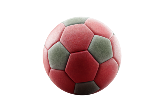 Red and gray soccer ball on black background, cut out