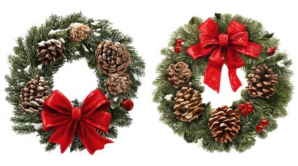 festive christmas wreaths with red bows and pinecones on transparency background