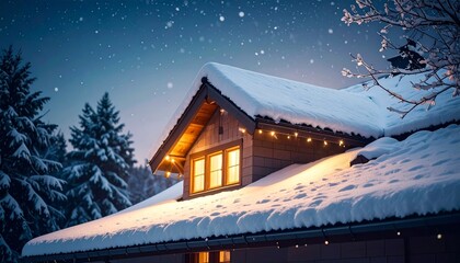 Fototapeta premium Winter wonderland scene: Cozy home with snow-covered roof and twinkling lights