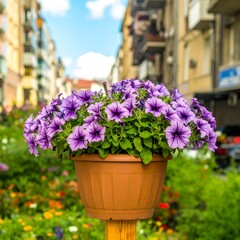 Vibrant purple flowers in a terracotta pot