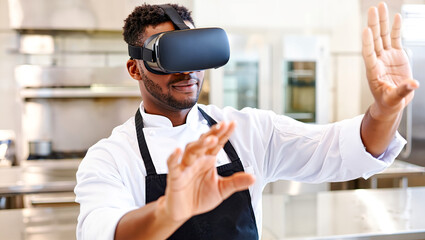 Future of culinary arts and food tech. A chef uses virtual reality technology for training and innovation in a modern restaurant. Metaverse concept.