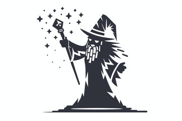 Silhouette wizard casting spells with magic wand and wearing a hat for fantasy