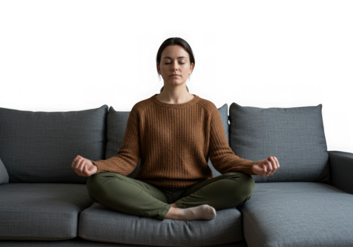 Woman meditating peacefully on a sofa