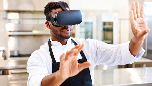 Future of culinary arts and food tech. A chef uses virtual reality technology for training and innovation in a modern restaurant. Metaverse concept. - Powered by Adobe