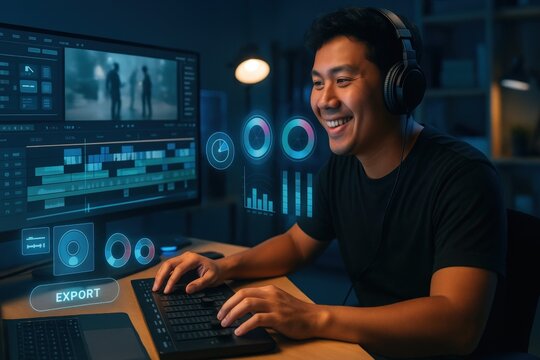 Video editing session at home technology workspace digital content creation modern environment engaged viewpoint creative process