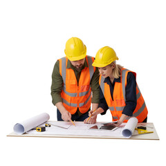 Construction Professionals Reviewing Blueprint: Teamwork & Planning Isolated on Transparent Background