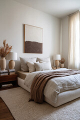 Fototapeta premium Cozy modern bedroom with neutral tones and soft textures in a tranquil setting