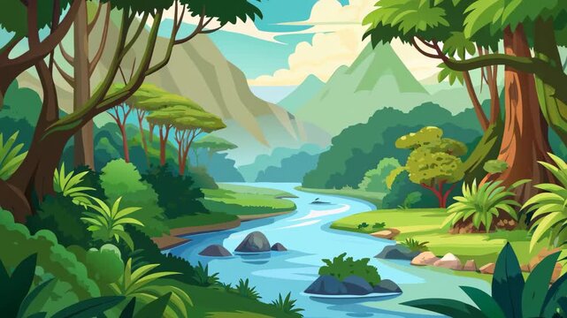 Lush green river landscape with mountains in the background during a bright sunny day flat 2d animation