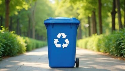 Blue recycling bin with universal recycle symbol. Located on paved path in green park with trees, foliage. Soft natural sunlight promotes eco-friendliness, sustainability, clean environment, waste