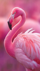 Obraz premium Stunning pink flamingo gracefully poses in a blurred background of soft pink hues during early morning sunlight