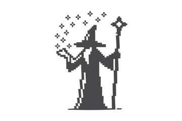 Silhouette wizard in robe and hat casts magic using a star wand