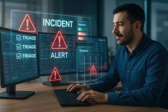 Incident management alert system for triage events office environment digital display professional viewpoint technology concept