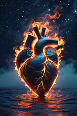 Burning heart in a dark landscape surrounded by flames and mystical stars at night