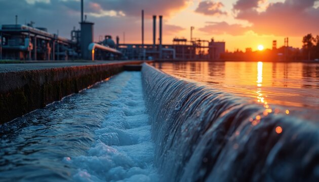 Wastewater treatment plant at sunset with industrial complex in background. Clean water flows over concrete channel. Eco-friendly solution for sewage purification, environmental water resources