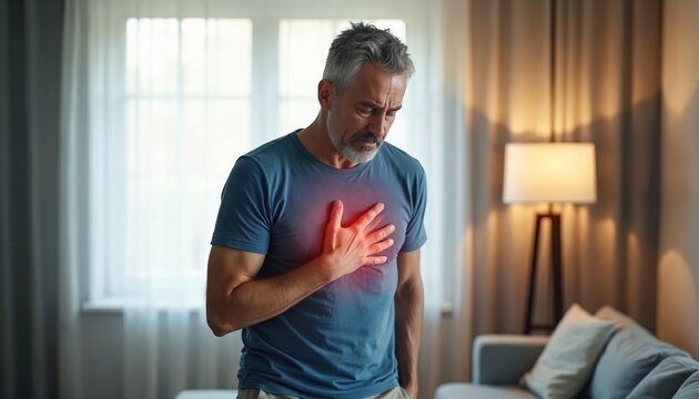 Man experiencing severe chest pain, clutching his heart. Represents heart attack, cardiovascular disease, and medical emergency. Focuses on health, cardiopathy, and discomfort.