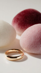 Delicate gold ring resting between soft pastel-colored stones on a white background
