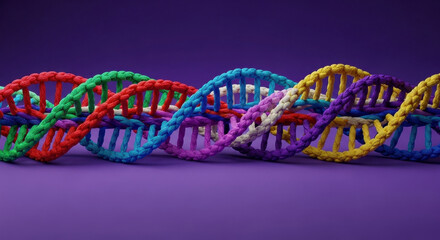 Abstract Colorful DNA Strands Intertwined Against a Vibrant Purple Background