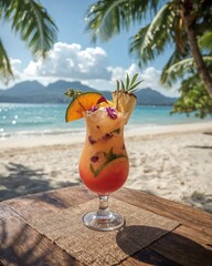 Punch with Exotic Fruit Garnish on a Wooden Table at a Stunning Island Beach
