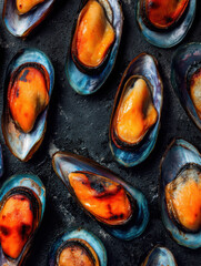 Freshly cooked mussels garnished with herbs in a rustic kitchen setting during the evening