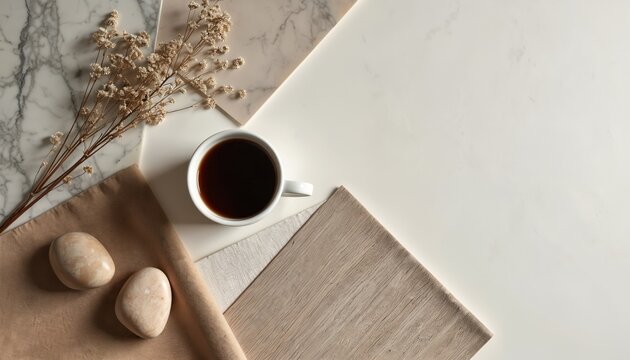 Flat lay of interior design samples featuring marble, wood, stone in neutral earthy tones. Minimalist photography style creates chic, modern, contemporary aesthetic perfect for home renovation
