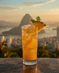 Refreshing Tropical Cocktail with Pineapple Garnish and Ice Overlooking Rio de Janeiro City at Sunset Golden Hour