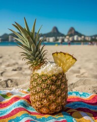 Piña Colada Cocktail Served in a Whole Pineapple on Ipanema Beach, Rio de Janeiro, with Two Brothers Mountain in Background