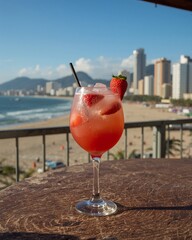 Pink Cocktail in a Wine Glass on a Balcony Overlooking an Urban Beach