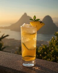 Tropical Cocktail with Pineapple Garnish Overlooking Rio de Janeiro and Sugarloaf Mountain at Sunset