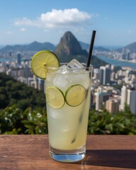 Iced Lime Drink on a Wooden Table Overlooking Rio de Janeiro, Brazil, with Sugarloaf Mountain