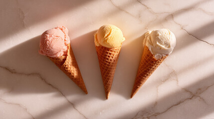 Three colorful ice cream cones placed elegantly on a marble surface during afternoon light creating a delightful dessert scene