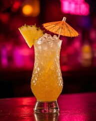Classic Tiki Cocktail in a Sculpted Glass, Garnished with Umbrella, Pineapple, and Mint on a Bar Counter