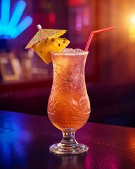 Rum-Based Tropical Cocktail in a Hurricane Glass on a Bar Counter with Neon Lights at Night