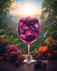 Iced Cocktail with Fresh Berries in an Exotic Tropical Garden