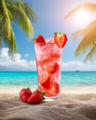 strawberry drink with strawberries and ice cubes in a beach
