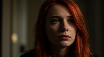 Fototapeta premium Introspective young woman with vibrant red hair gazes thoughtfully
