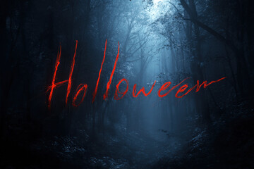 Mysterious Halloween scene in an eerie forest with fog and dark trees at night