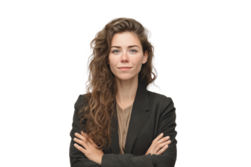 Confident young caucasian female professional in business attire with crossed arms, cut out