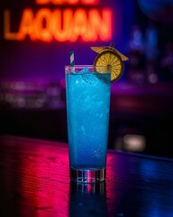 Blue lagoon drink with a slice of lime