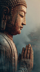 Majestic Buddha statue with hands in prayer surrounded by misty mountains in a serene landscape at sunrise