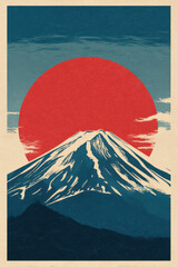 Iconic view of Mount Fuji at sunset with vibrant red sun backdrop and stylized clouds in the evening sky