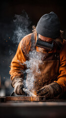 Skilled metalworker using welding tools in a workshop while creating intricate designs on a metal surface